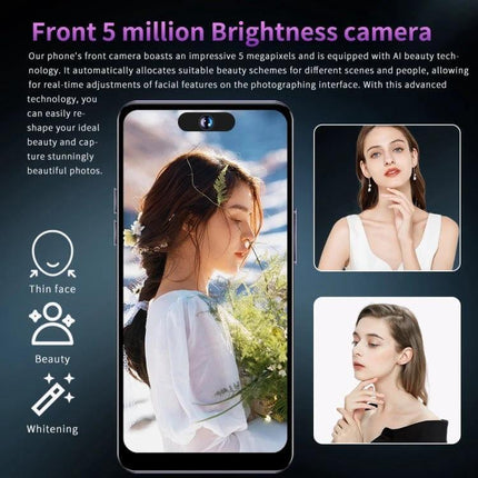 Facial Recognition Smartphone for Secure Daily Use showing front 5MP brightness camera, face unlock demo and portrait samples