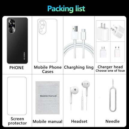 Practical Android Smartphone with Face Unlock for Daily Communication packing list showing phone, case, charger, cable, headset, manual, screen protector, SIM needle