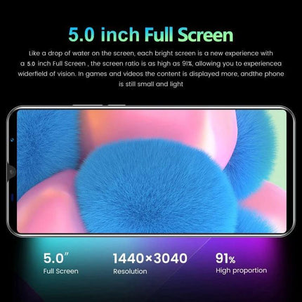 Practical Android Smartphone with Face Unlock for Daily Communication - 5.0 inch full screen phone showing display, 1440×3040 resolution, 91% screen ratio