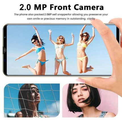 Practical Android Smartphone with Face Unlock for Daily Communication showing 2.0MP front camera capturing jumping beach photo