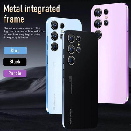Face Recognition Enabled Android Smartphone for Daily Use showing blue, black, and purple metal-frame phones with quad rear cameras and 6.5-inch notch