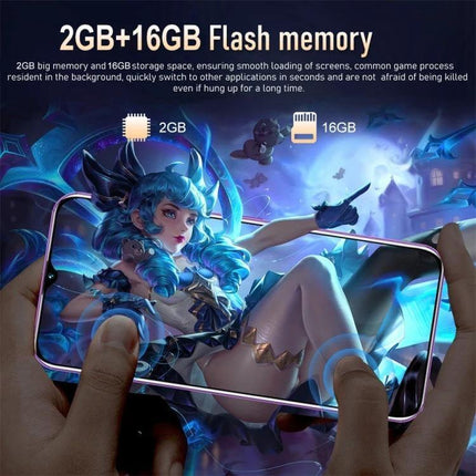 Face Recognition Enabled Android Smartphone for Daily Use showing 2GB+16GB memory, MTK6580A, compact 6.5-inch notch and gaming image