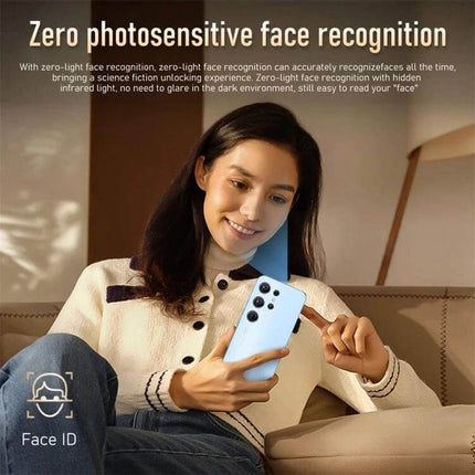 Face Recognition Enabled Android Smartphone for Daily Use - woman using phone on couch showing face recognition and camera features