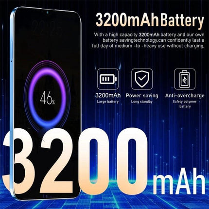 Face Recognition Enabled Android Smartphone for Daily Use showing 3200mAh battery, 6.5-inch notch, 2GB RAM, 16GB storage, power saving and anti-overcharge features