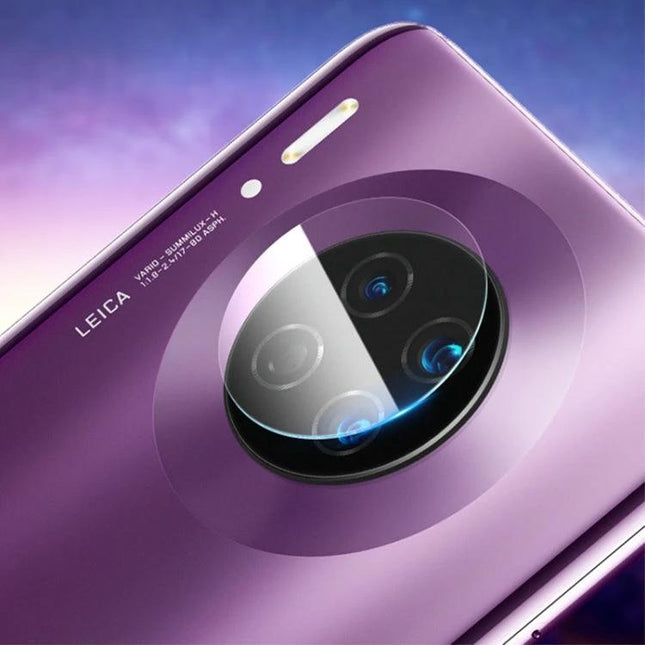 Tempered Glass Camera Lens Protector for Huawei Mate Pro on purple Huawei Mate 30 Pro showing clear lens cover protecting triple-camera