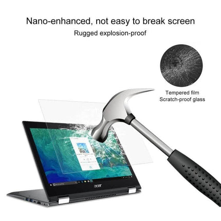 13.3 Inch Tempered Glass Screen Protector for Laptops installed on laptop showing hammer impact, anti-scratch, anti-glare, clear eye-care protection