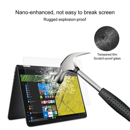 14-Inch Tempered Glass Screen Protector for Laptops on a convertible laptop being struck by a hammer showing scratch-proof, anti-glare protection