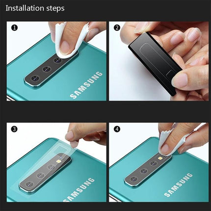 Galaxy S10 5G Rear Camera Protector installation steps showing cleaning, alignment, placement, and final wipe on phone camera module