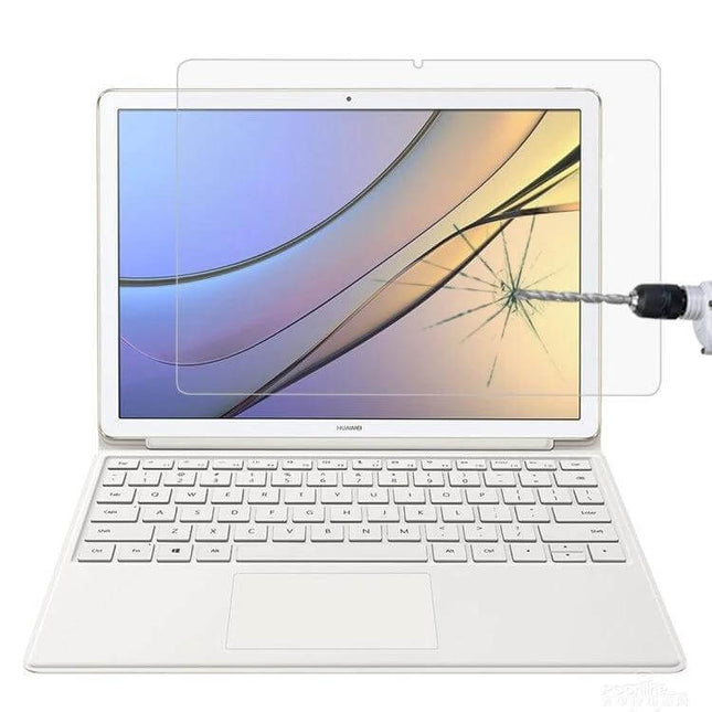 Tempered Glass Screen Protector for Huawei MateBook E 12 Inch shown on laptop with drill impact resisting cracked screen, 9H hardness protection