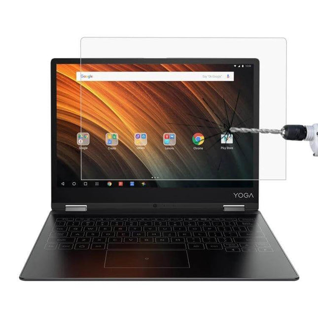 Tempered Glass Screen Protector for Lenovo Yoga A12 Tablet shown protecting tablet screen from drill scratch and impact