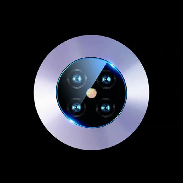 Tempered Glass Camera Lens Protector for Huawei Mate 30 Pro showing circular tempered glass cover and camera lenses, bubble-free static installation, high clarity protection