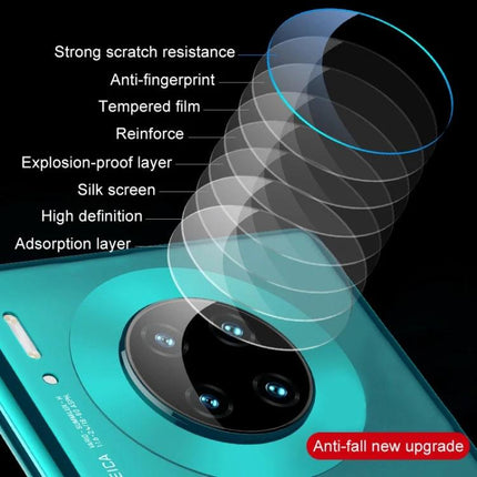 Tempered Glass Camera Lens Protector for Huawei Mate 30 Pro showing multi-layer protection, anti-fingerprint, high-definition, bubble-free installation
