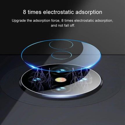 Tempered Glass Camera Lens Protector for Huawei Mate 30 Pro showcasing 8 times electrostatic adsorption and bubble-free static installation