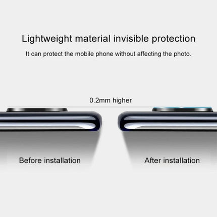 Tempered Glass Camera Lens Protector for Huawei Mate 30 Pro showing before and after 0.2mm higher installation, bubble-free invisible protection