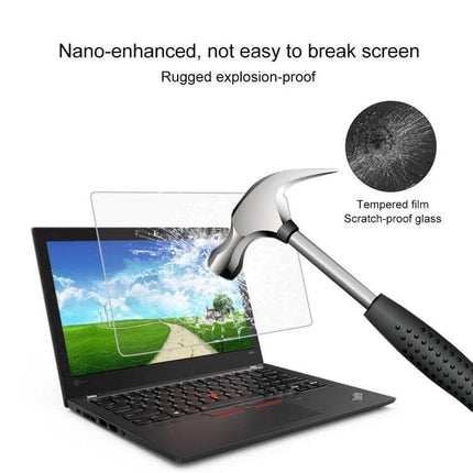 Tempered Glass Screen Protector for Lenovo ThinkPad A285 12.5 Inch showing hammer impact resistance and scratch-proof coverage on laptop display