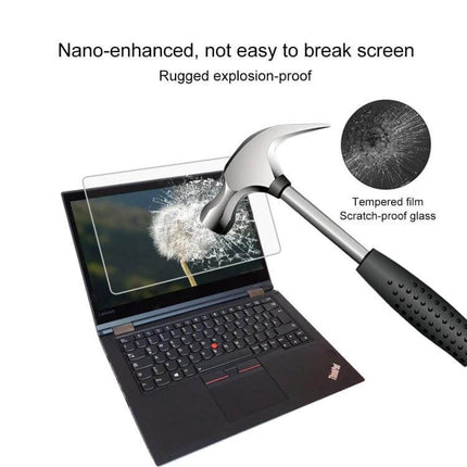 Tempered Glass Screen Protector for 13.3 Inch Laptops on laptop with hammer demonstrating 9H hardness and shatter resistance