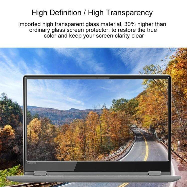 Clear Tempered Glass Screen Protector for Lenovo ThinkPad Yoga 530 14-Inch showing high transparency on laptop display with road and autumn scene