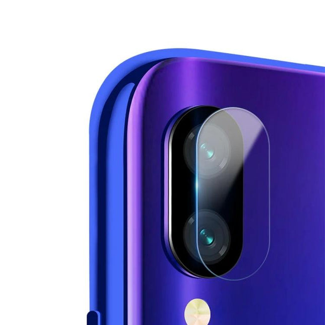 Redmi Camera Lens Protector Tempered Glass on purple Xiaomi Redmi Note 7 showing clear rounded lens cover and bubble-free fit