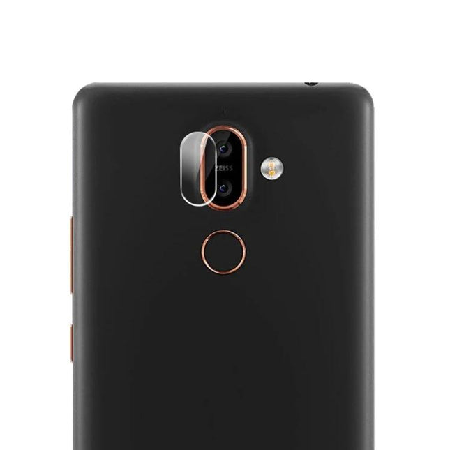 Tempered Glass Lens Protector for Nokia 7 Plus Camera showing clear camera lens cover installed on black Nokia 7 Plus