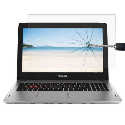 Tempered Glass Screen Protector for ASUS ROG 15.6-Inch Laptop showing drilled impact test with intact protector and clear display