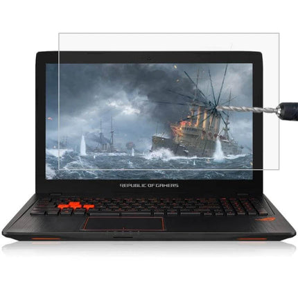 Tempered Glass Screen Protector for 15.6 Inch Laptops showing reinforced anti-glare protection on a gaming laptop screen