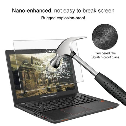 Tempered Glass Screen Protector for 15.6 Inch Laptops showing hammer impact resistance and anti-smudge clarity