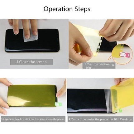 Galaxy Note 10 Full Coverage Screen Protector For Daily Use 25 Pack - hands applying soft TPU full-coverage screen protector with step-by-step installation