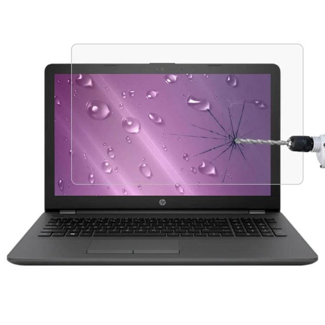 Tempered Glass Screen Protector for HP 15.6-Inch Laptops shown on laptop resisting drill impact and reducing glare