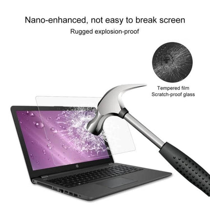 Tempered Glass Screen Protector for HP 15.6-Inch Laptops showing hammer impact resistance and anti-glare protection