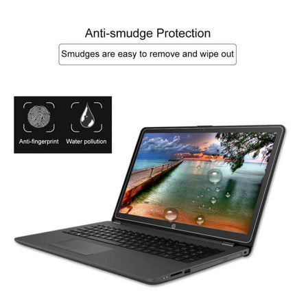 Tempered Glass Screen Protector for HP 15.6-Inch Laptops showing anti-smudge water and fingerprint resistance on laptop display