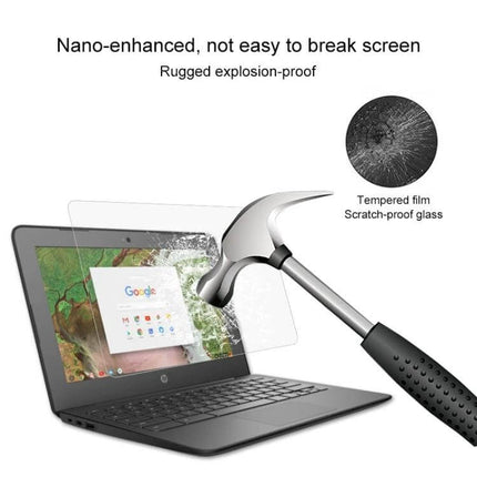 Tempered Glass Screen Protector for HP Chromebook 11.6 Inch showing hammer impact resistance, anti-glare and fingerprint reduction