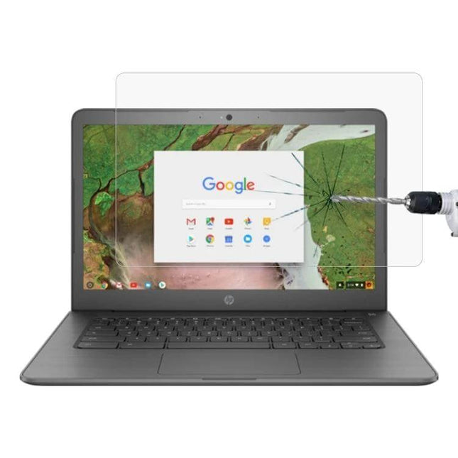 Tempered Glass Screen Protector for HP 14-Inch Chromebook Laptops shown protecting laptop screen from drill impact and scratches