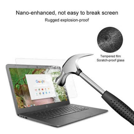 Tempered Glass Screen Protector for HP 14-Inch Chromebook Laptops showing hammer impact resistance and anti-glare protection