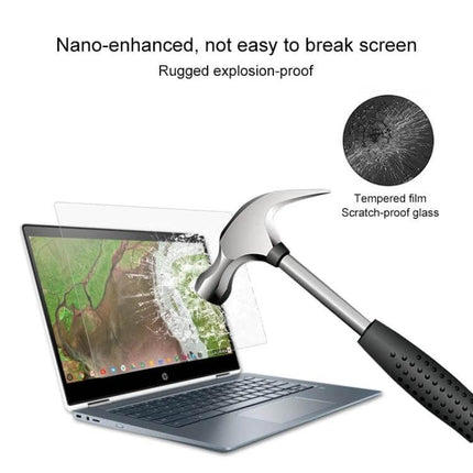 Tempered Glass Screen Protector for HP Chromebook x360 14 Inch showing hammer impact resistance, scratch and fingerprint protection