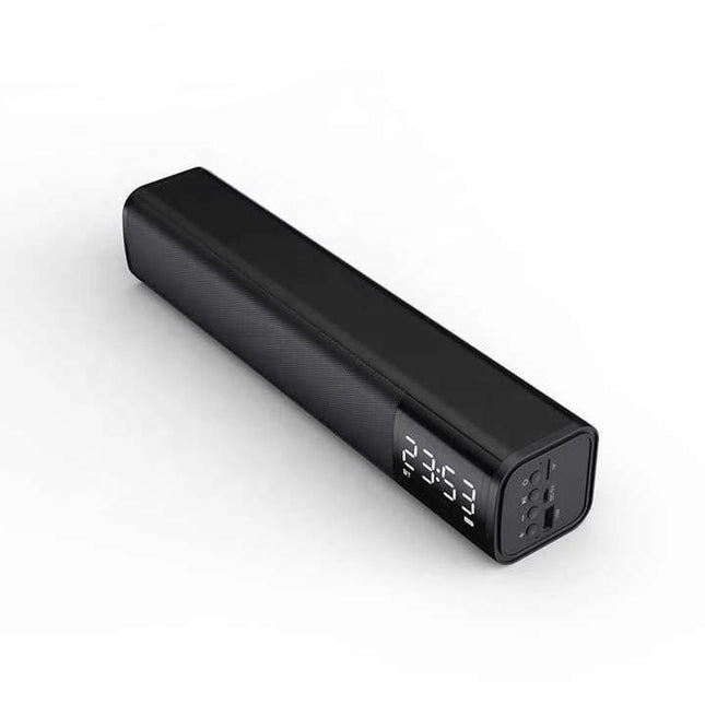 Compact Bluetooth Speaker For Home Listening With Mic shown on shelf with digital display, mic, TWS pairing and simple controls