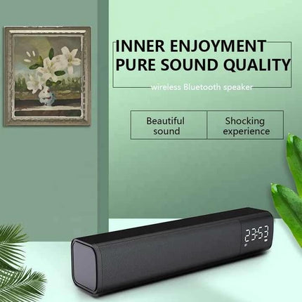 Compact Bluetooth Speaker For Home Listening With Mic on shelf with digital clock display, hands-free mic, TWS pairing for stereo