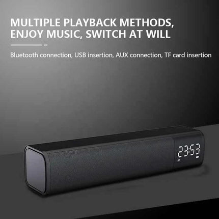 Compact Bluetooth Speaker For Home Listening With Mic shown on shelf with clock display, multiple input modes and TWS pairing