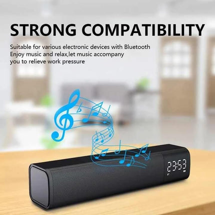 Compact Bluetooth Speaker For Home Listening With Mic on kitchen shelf showing digital clock hands‑free calls stereo TWS pairing