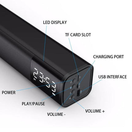 Compact Bluetooth Speaker For Home Listening With Mic showing LED display, TF card slot, USB port and controls