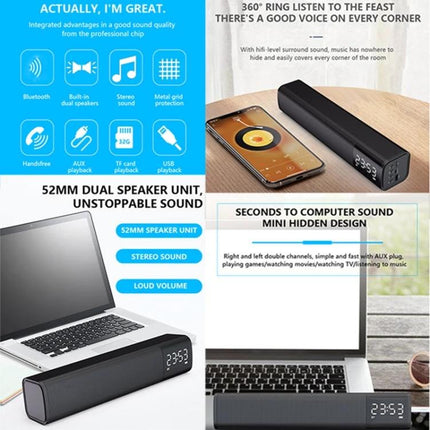 Compact Bluetooth Speaker For Home Listening With Mic on kitchen shelf with phone and laptop showing TWS stereo