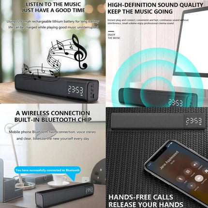 Compact Bluetooth Speaker For Home Listening With Mic on shelf with clock display, TWS stereo, Bluetooth pairing and hands-free call