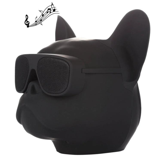 Compact Portable Bluetooth Speaker For Home And Travel Use shaped like a black dog wearing sunglasses, easy pairing and travel-ready
