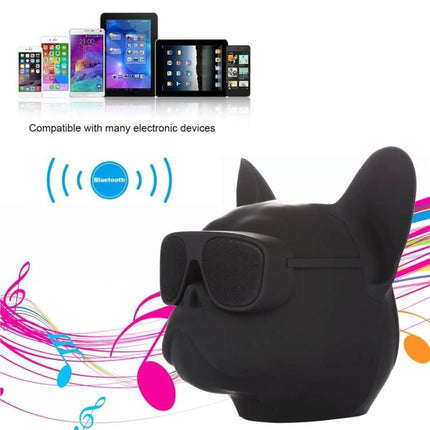 Compact Portable Bluetooth Speaker For Home And Travel Use black dog-shaped portable speaker with sunglasses and device compatibility