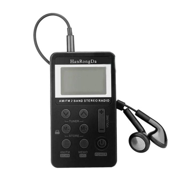 Portable AM/FM Rechargeable Radio for Everyday Listening - slim black portable radio with earphones, AM/FM tuner and LCD screen