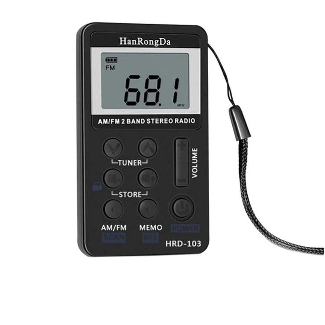 Portable AM/FM Rechargeable Radio for Everyday Listening - slim black handheld radio with digital display, tuner buttons, volume control and wrist strap