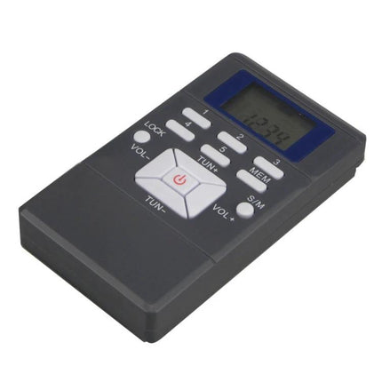 Compact Portable FM Radio with Digital LCD Display and Earphone Jack - black handheld unit with LCD and control buttons