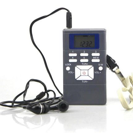 Compact Portable FM Radio with Digital LCD Display and Earphone Jack - compact gray unit with LCD, buttons and earbuds