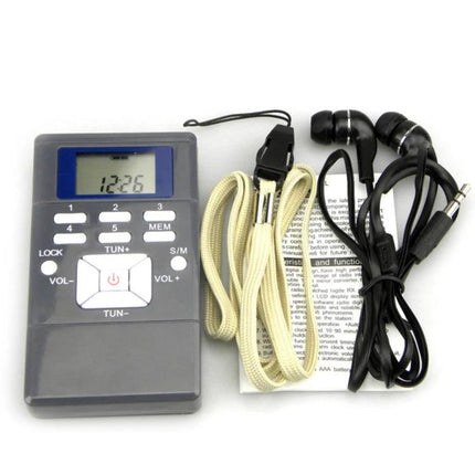 Compact Portable FM Radio with Digital LCD Display and Earphone Jack - gray handheld unit with LCD, buttons, earphones and lanyard