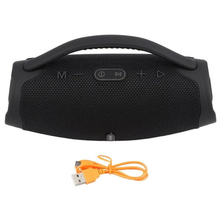 BOX3 Mini Bluetooth Speaker For Everyday Portable Use showing black compact speaker with handle and orange USB cable