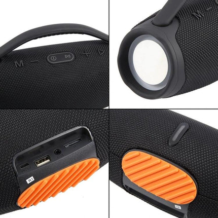 BOX3 Mini Bluetooth Speaker For Everyday Portable Use showing black splashproof cylindrical design, controls, ports and orange grip